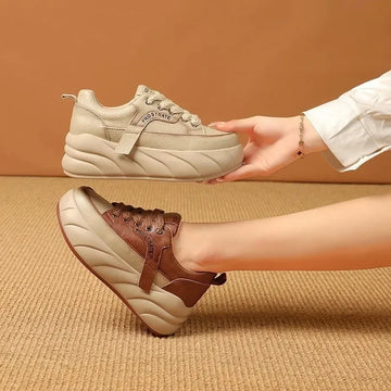 Chaussures basses en cuir pour femmes, baskets compensées rétro coréennes, à lacets, antidérapantes, décontractées, pour étudiantes