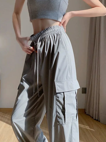 Pantalon cargo d'été pour femme, jambes larges, taille haute, cordon de serrage, pantalon femme, soie glacée, décontracté, vêtements d'automne chics et élégants