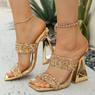 Sandales à talons hauts pour femmes, chaussures à paillettes, bout carré, grande taille, mules d'été, pantoufles de gladiateur