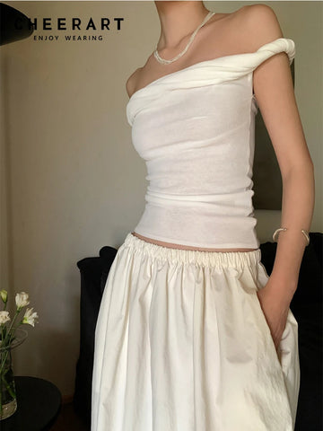 Cheerart Kink – Haut court en tricot à épaules dénudées pour femme, vêtement d'été tendance, blanc, noir, beige, 2024