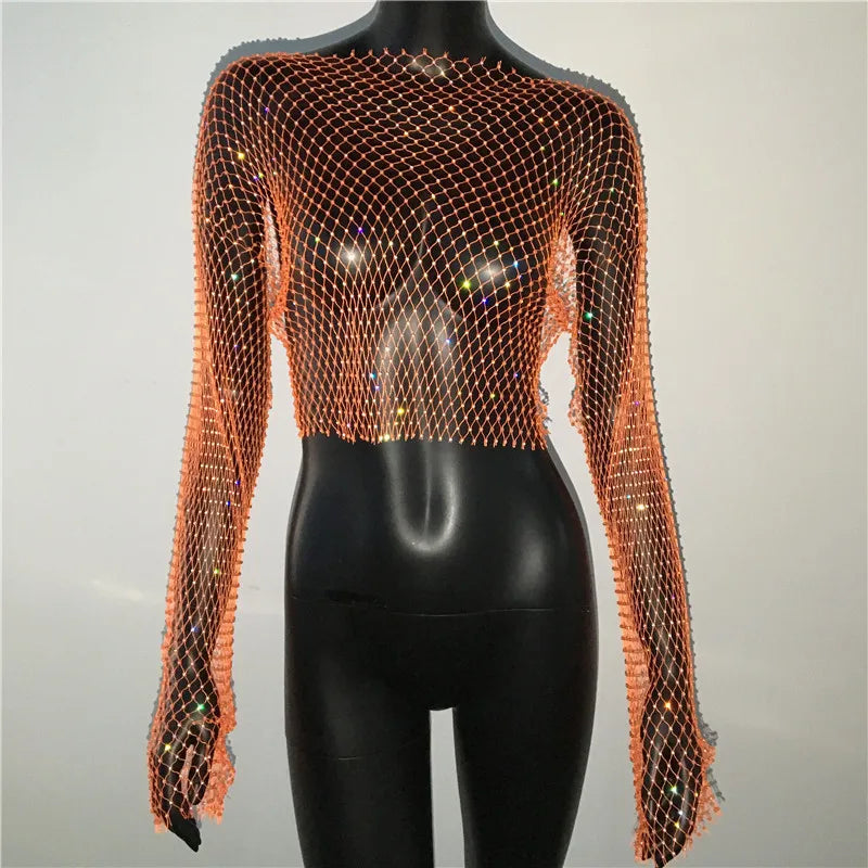 T-shirt sexy transparent en résille pour femme, haut court à manches longues avec strass scintillants et maille creuse, idéal pour les discothèques, les fêtes et les festivals, automne