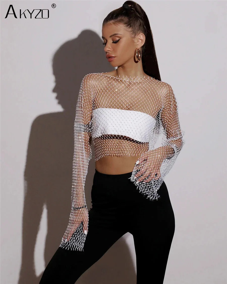 T-shirt sexy transparent en résille pour femme, haut court à manches longues avec strass scintillants et maille creuse, idéal pour les discothèques, les fêtes et les festivals, automne
