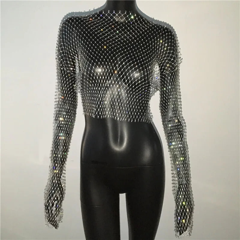 T-shirt sexy transparent en résille pour femme, haut court à manches longues avec strass scintillants et maille creuse, idéal pour les discothèques, les fêtes et les festivals, automne