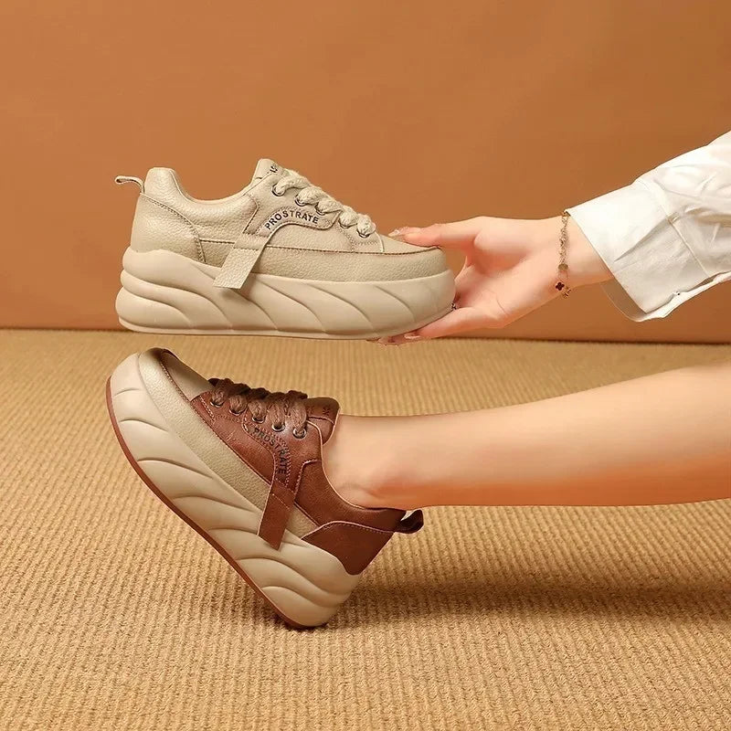 Chaussures basses en cuir pour femmes, baskets compensées rétro coréennes, à lacets, antidérapantes, décontractées, pour étudiantes