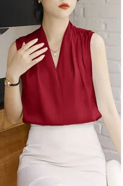Chemise blanche sans manches de luxe pour femme, col en V, haut en satin, haut blanc en mousseline de soie, haut pour femme, super valeur