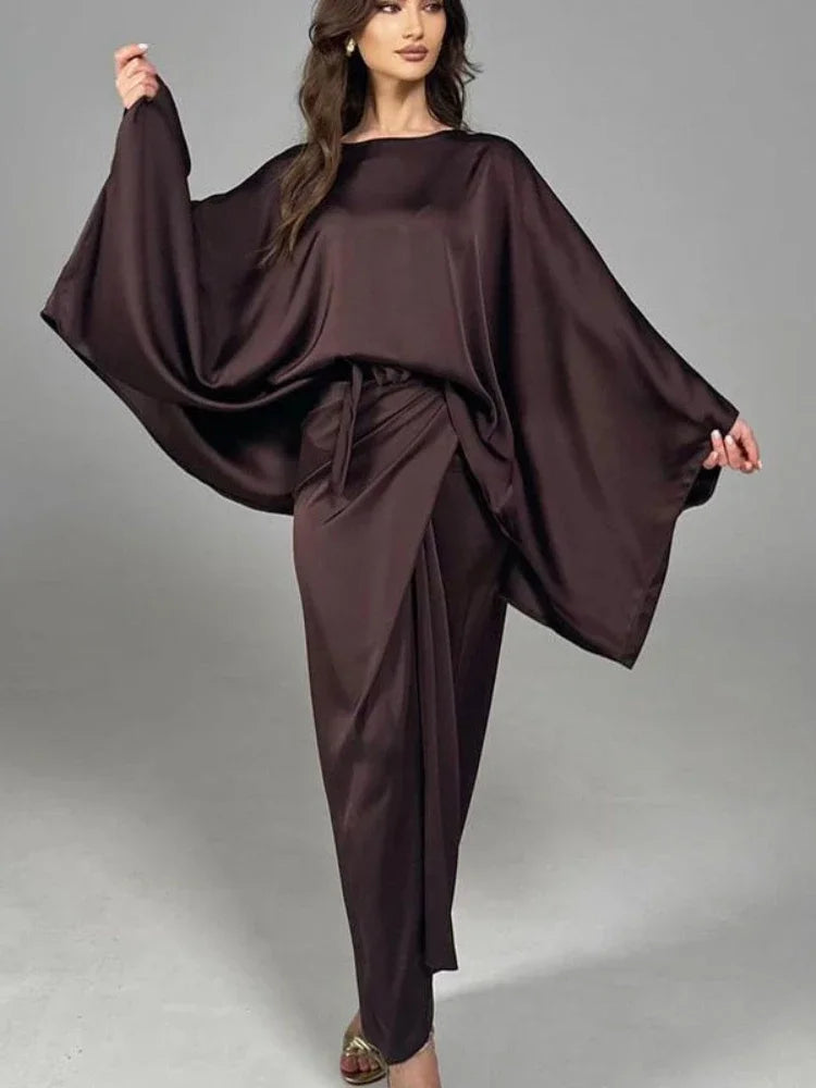 Ensemble 2 pièces pour femme musulmane de l'Aïd, chemise et jupe en satin à manches chauve-souris, kimono pour femme du Ramadan, caftan, ensembles musulmans