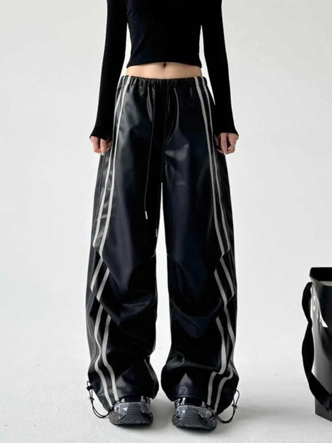 Pantalon gothique noir en cuir PU pour femme, ample et surdimensionné, style Harajuku japonais des années 2000, style Y2K, style emo vintage