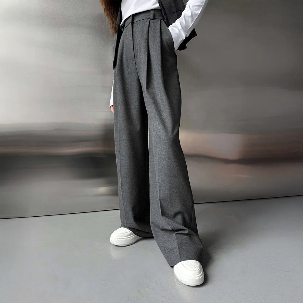 Pantalon de costume taille haute pour femme, mode automne-hiver, pantalon droit long, bureau, décontracté, bouton, ample, gris, 2025