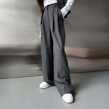 Pantalon de costume taille haute pour femme, mode automne-hiver, pantalon droit long, bureau, décontracté, bouton, ample, gris, 2025