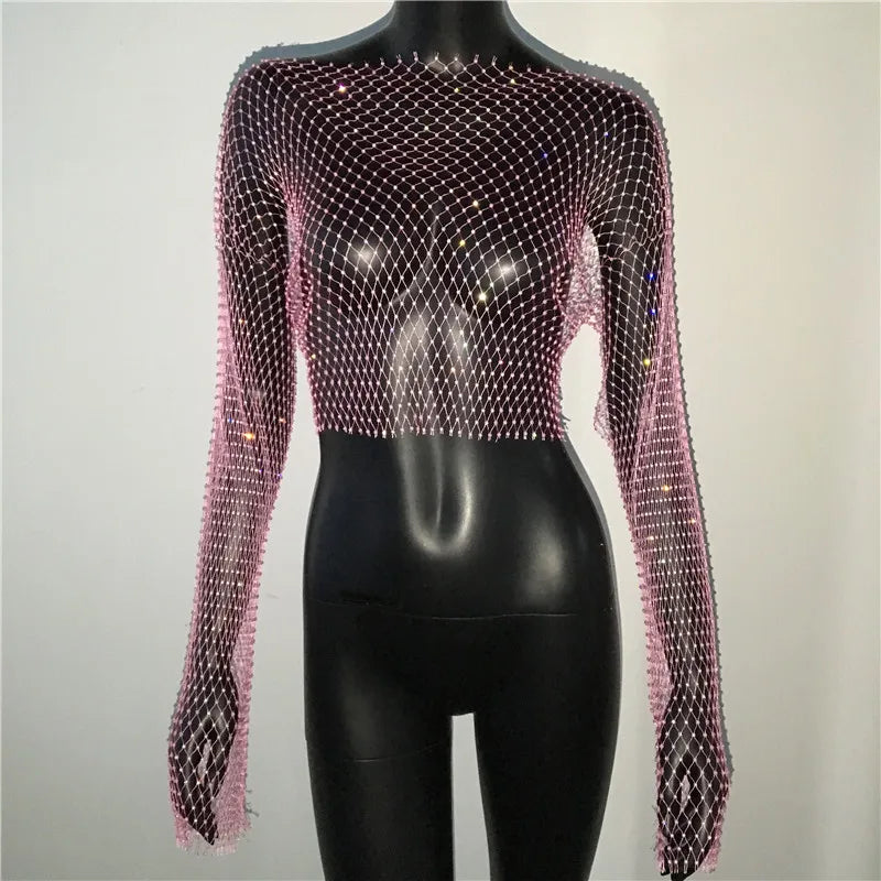 T-shirt sexy transparent en résille pour femme, haut court à manches longues avec strass scintillants et maille creuse, idéal pour les discothèques, les fêtes et les festivals, automne