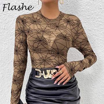 T-shirt transparent en dentelle Y2K pour femme, haut sexy à manches longues et col rond, en maille transparente, basique et fin