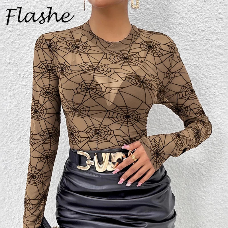 T-shirt transparent en dentelle Y2K pour femme, haut sexy à manches longues et col rond, en maille transparente, basique et fin