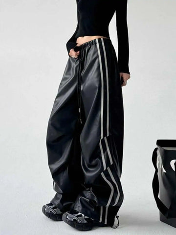 Pantalon gothique noir en cuir PU pour femme, ample et surdimensionné, style Harajuku japonais des années 2000, style Y2K, style emo vintage