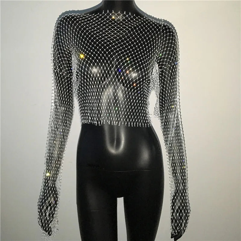 T-shirt sexy transparent en résille pour femme, haut court à manches longues avec strass scintillants et maille creuse, idéal pour les discothèques, les fêtes et les festivals, automne