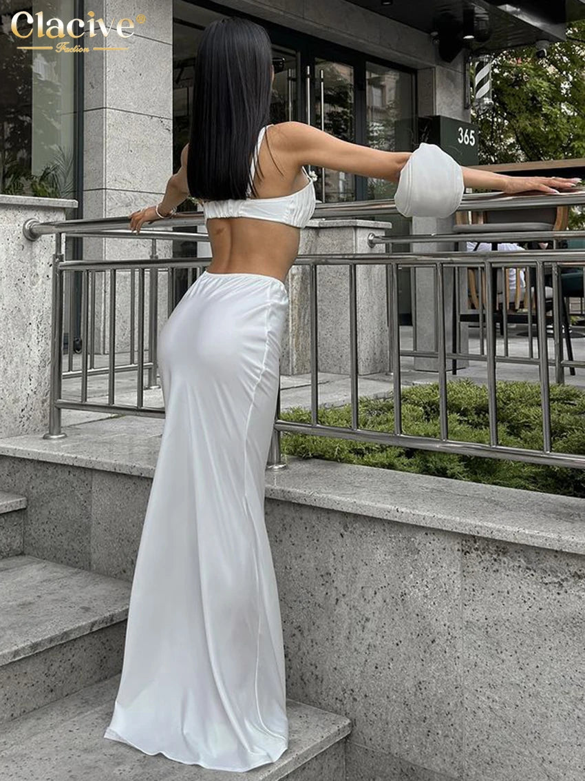 Clacive Ensemble 2 pièces sexy en satin blanc pour femme, haut court sans manches et jupe longue taille haute, style streetwear, été 2025