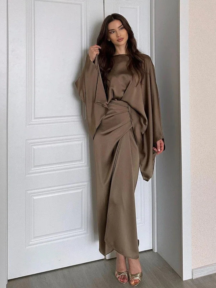 Ensemble 2 pièces pour femme musulmane de l'Aïd, chemise et jupe en satin à manches chauve-souris, kimono pour femme du Ramadan, caftan, ensembles musulmans
