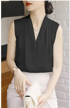 Chemise blanche sans manches de luxe pour femme, col en V, haut en satin, haut blanc en mousseline de soie, haut pour femme, super valeur