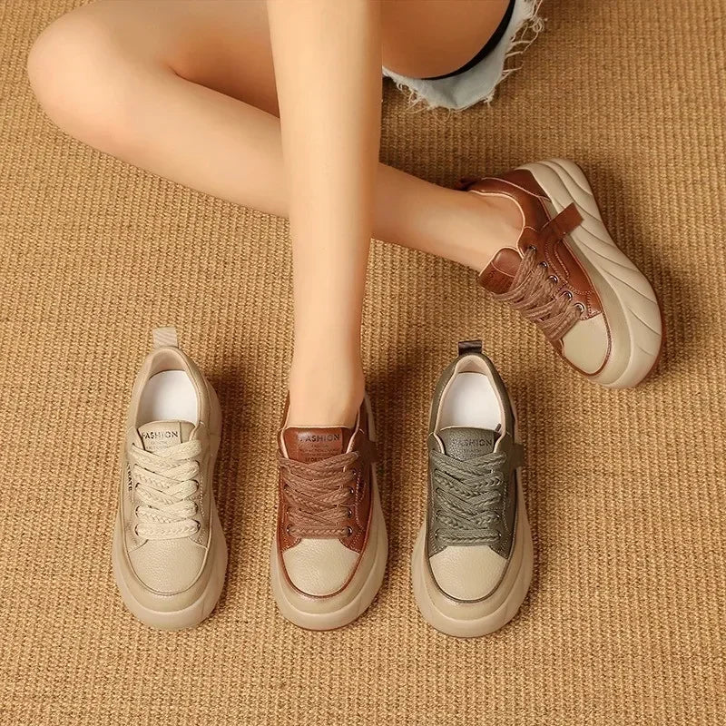 Chaussures basses en cuir pour femmes, baskets compensées rétro coréennes, à lacets, antidérapantes, décontractées, pour étudiantes
