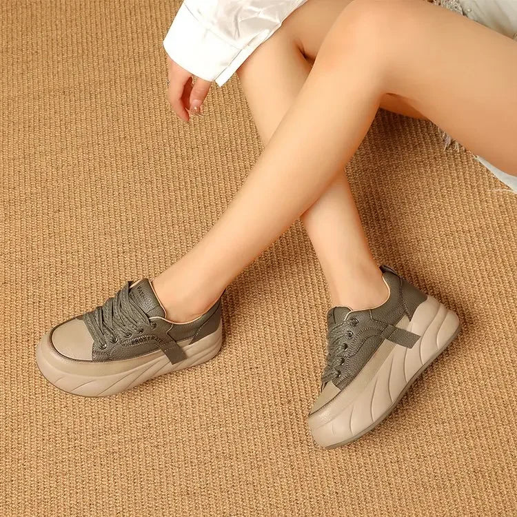 Chaussures basses en cuir pour femmes, baskets compensées rétro coréennes, à lacets, antidérapantes, décontractées, pour étudiantes