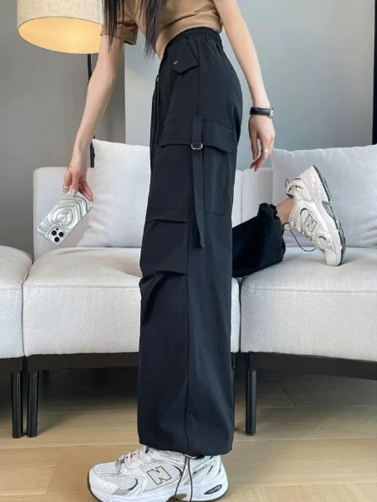Pantalon cargo noir taille haute pour femme, coupe droite, avec cordon de serrage, esthétique, taille unique, classique, vintage original