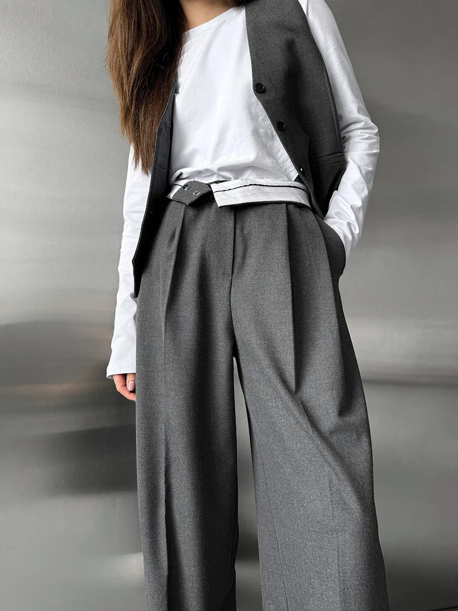 Pantalon de costume taille haute pour femme, mode automne-hiver, pantalon droit long, bureau, décontracté, bouton, ample, gris, 2025