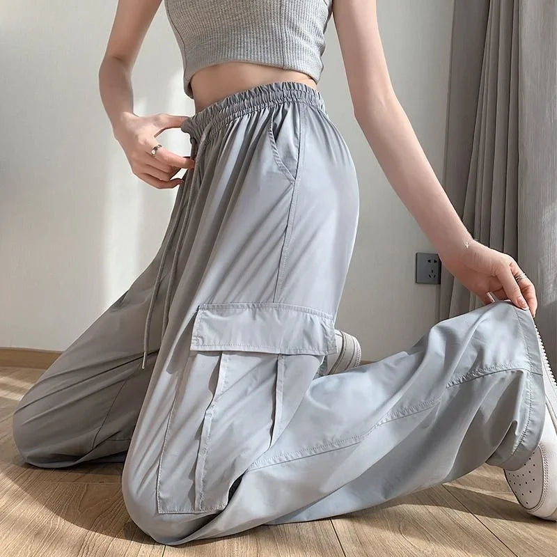 Pantalon cargo d'été pour femme, jambes larges, taille haute, cordon de serrage, pantalon femme, soie glacée, décontracté, vêtements d'automne chics et élégants