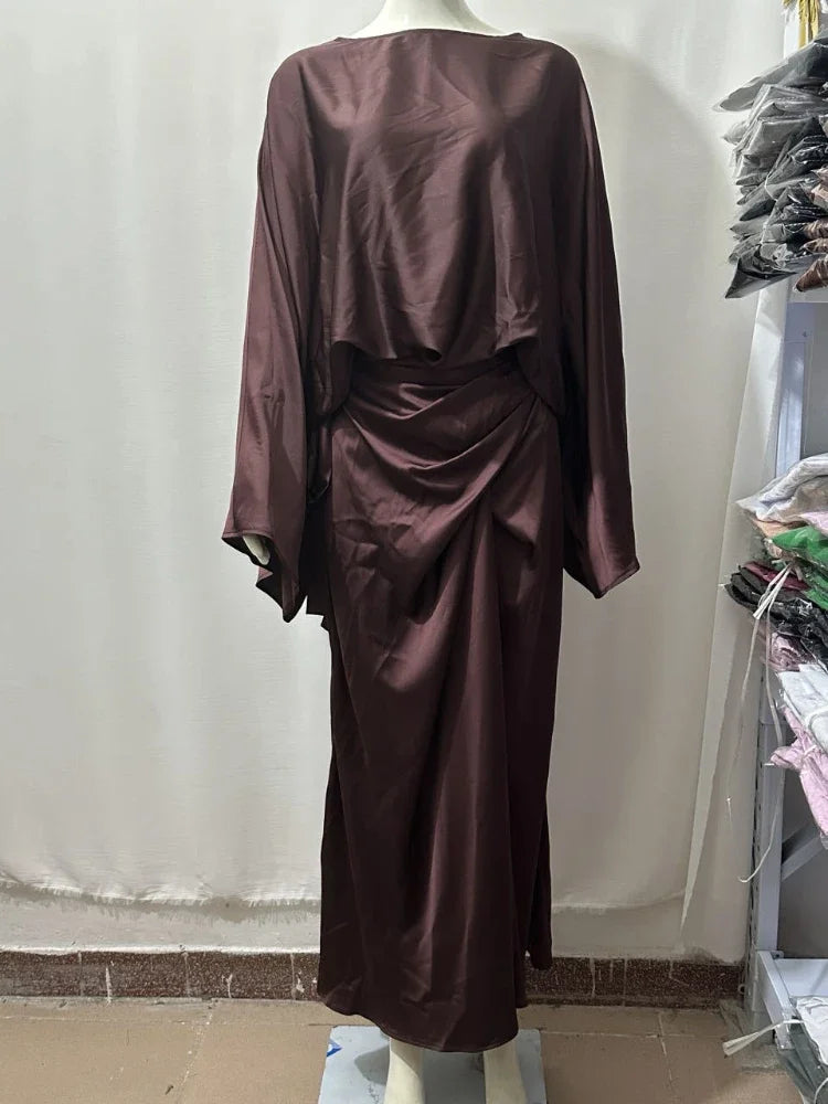 Ensemble 2 pièces pour femme musulmane de l'Aïd, chemise et jupe en satin à manches chauve-souris, kimono pour femme du Ramadan, caftan, ensembles musulmans