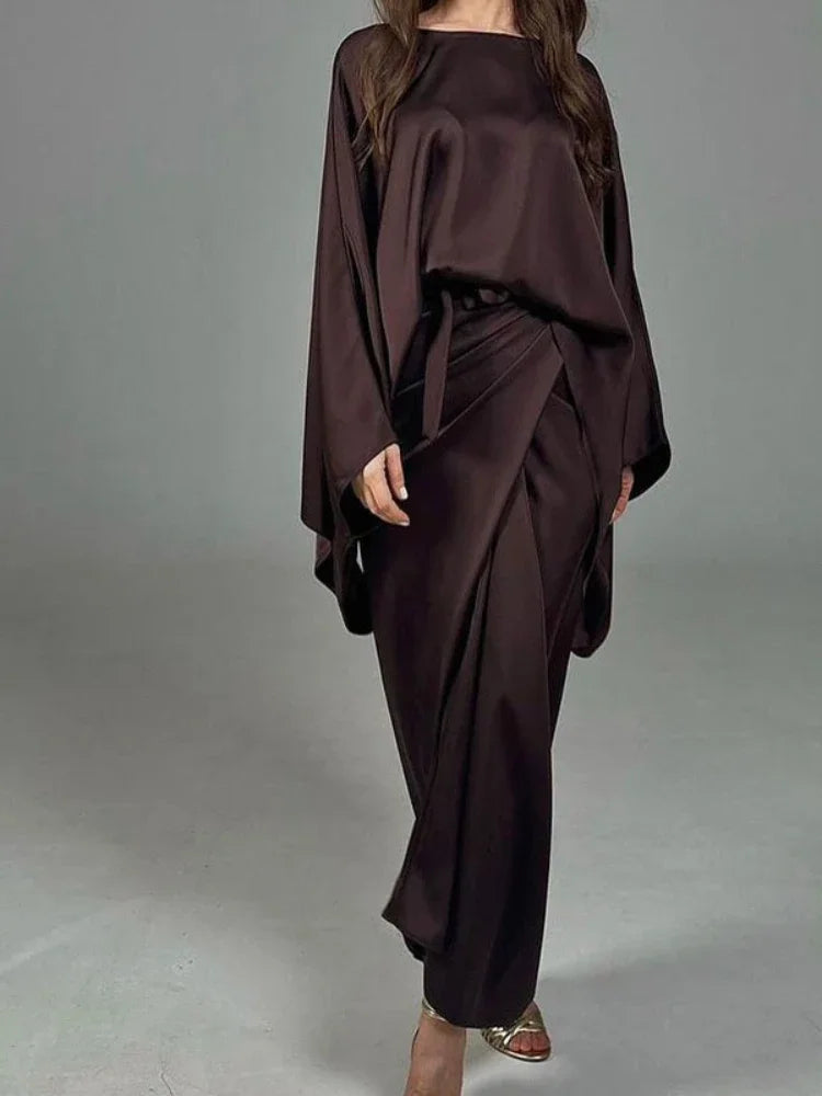 Ensemble 2 pièces pour femme musulmane de l'Aïd, chemise et jupe en satin à manches chauve-souris, kimono pour femme du Ramadan, caftan, ensembles musulmans