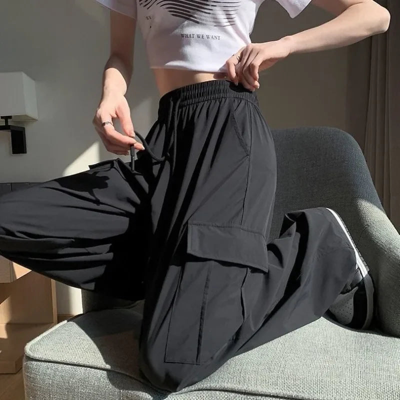 Pantalon cargo d'été pour femme, jambes larges, taille haute, cordon de serrage, pantalon femme, soie glacée, décontracté, vêtements d'automne chics et élégants