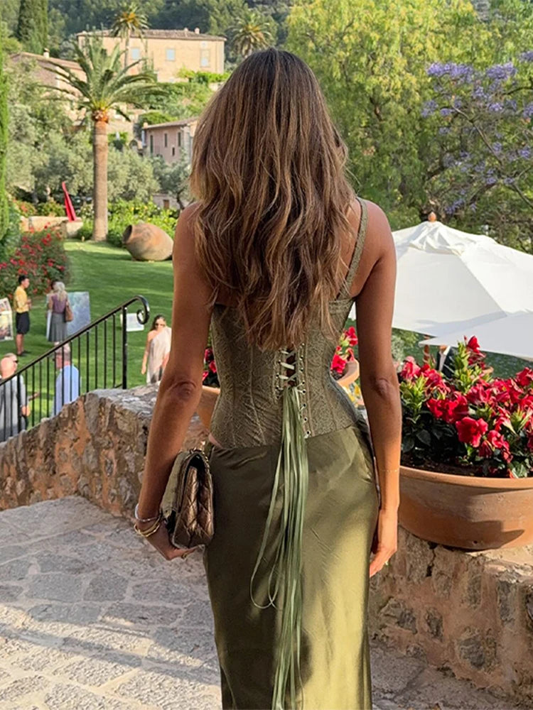 Ensemble jupe en satin tendance pour femme, chic, sans manches, dos nu, à lacets, slim, couleur unie, maxi, tenue de soirée, nouvelle collection été 2025