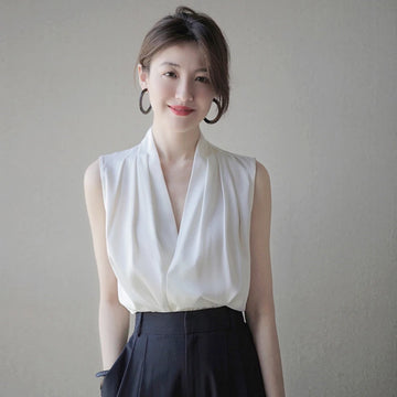Chemise blanche sans manches de luxe pour femme, col en V, haut en satin, haut blanc en mousseline de soie, haut pour femme, super valeur