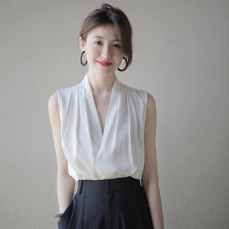 Chemise blanche sans manches de luxe pour femme, col en V, haut en satin, haut blanc en mousseline de soie, haut pour femme, super valeur