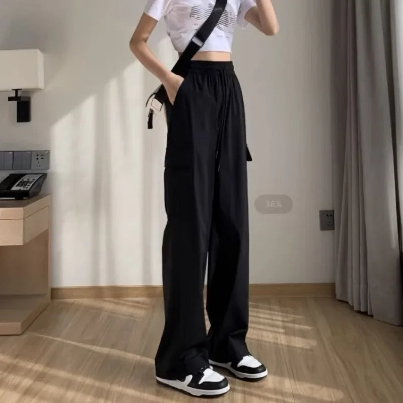 Pantalon cargo d'été pour femme, jambes larges, taille haute, cordon de serrage, pantalon femme, soie glacée, décontracté, vêtements d'automne chics et élégants