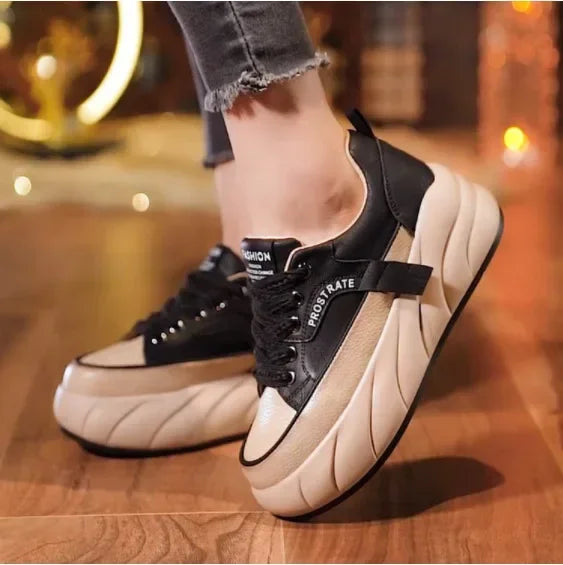 Chaussures basses en cuir pour femmes, baskets compensées rétro coréennes, à lacets, antidérapantes, décontractées, pour étudiantes
