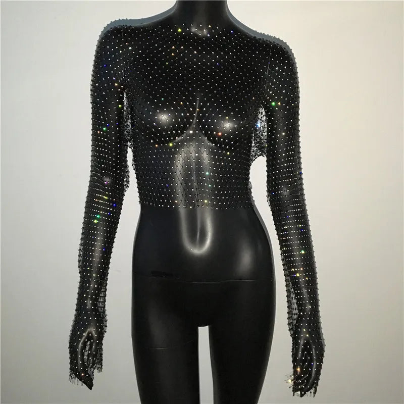 T-shirt sexy transparent en résille pour femme, haut court à manches longues avec strass scintillants et maille creuse, idéal pour les discothèques, les fêtes et les festivals, automne