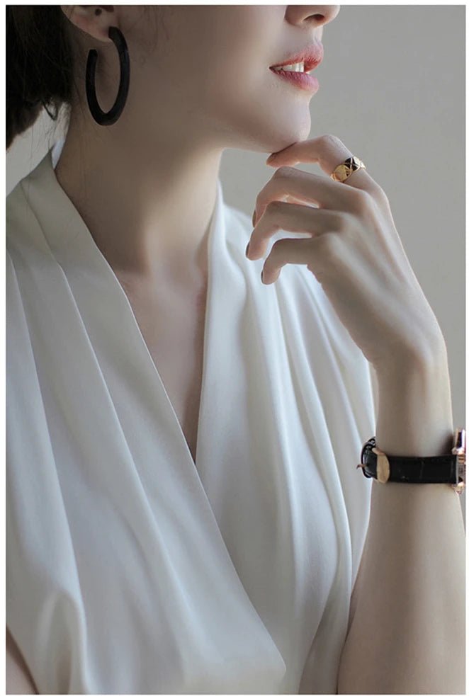 Chemise blanche sans manches de luxe pour femme, col en V, haut en satin, haut blanc en mousseline de soie, haut pour femme, super valeur