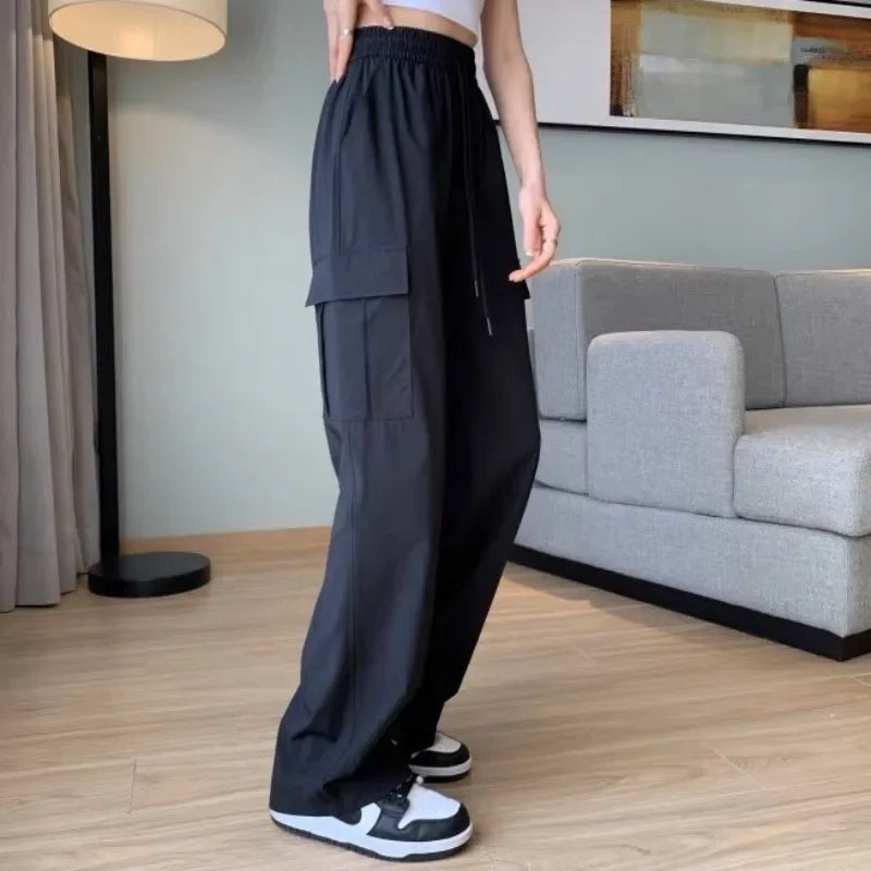 Pantalon cargo d'été pour femme, jambes larges, taille haute, cordon de serrage, pantalon femme, soie glacée, décontracté, vêtements d'automne chics et élégants