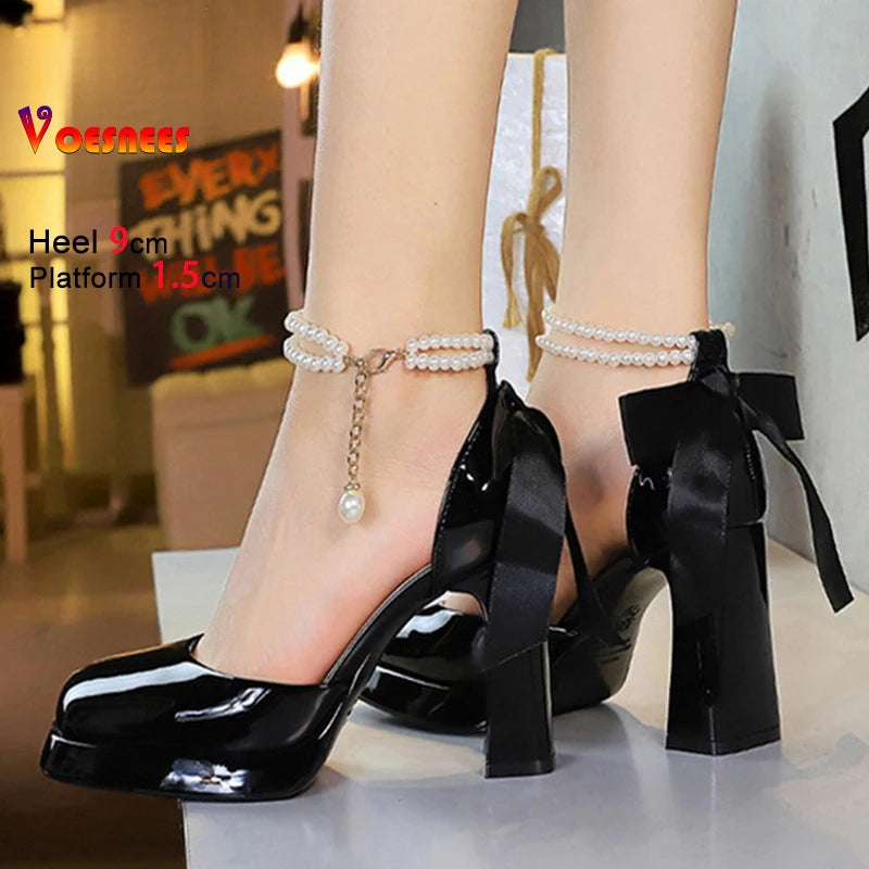 Sandales à bout carré pour femmes, talons hauts épais de 9 cm, chaussures de soirée d'été avec nœud papillon blanc, chaîne de perles et plateforme