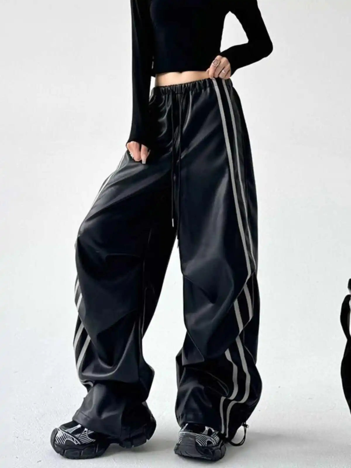 Pantalon gothique noir en cuir PU pour femme, ample et surdimensionné, style Harajuku japonais des années 2000, style Y2K, style emo vintage