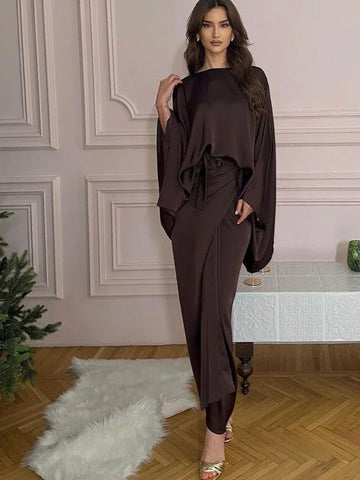 Ensemble 2 pièces pour femme musulmane de l'Aïd, chemise et jupe en satin à manches chauve-souris, kimono pour femme du Ramadan, caftan, ensembles musulmans