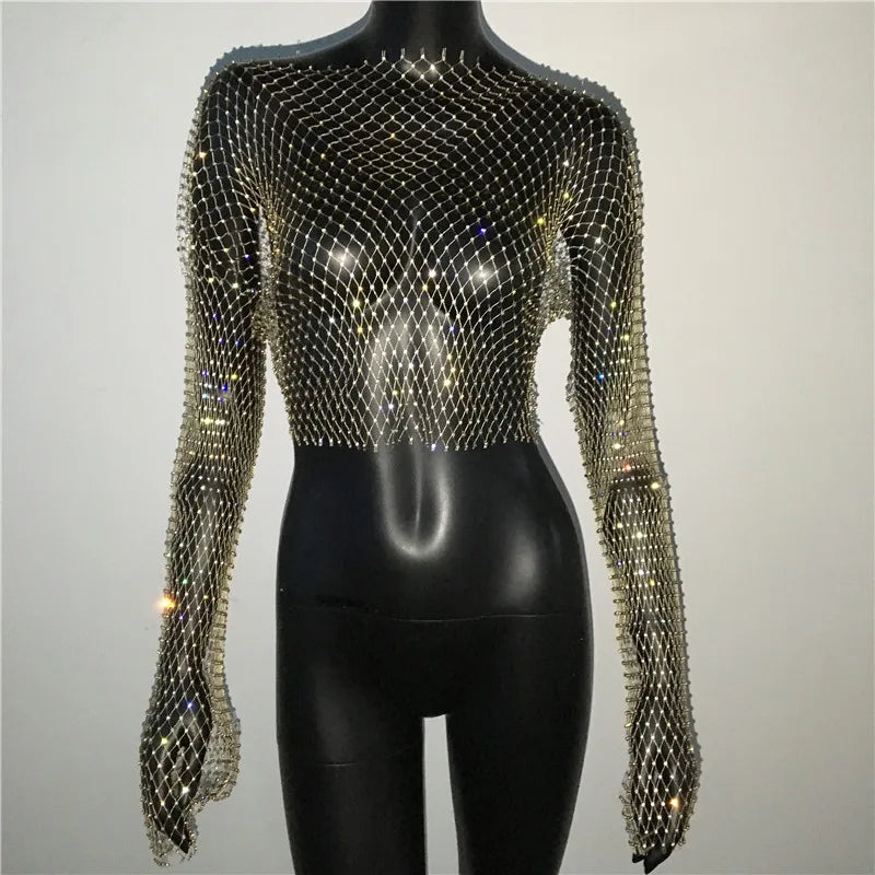 T-shirt sexy transparent en résille pour femme, haut court à manches longues avec strass scintillants et maille creuse, idéal pour les discothèques, les fêtes et les festivals, automne