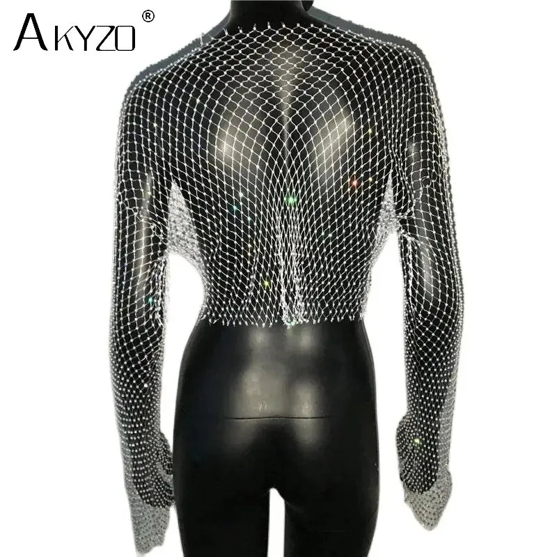 T-shirt sexy transparent en résille pour femme, haut court à manches longues avec strass scintillants et maille creuse, idéal pour les discothèques, les fêtes et les festivals, automne