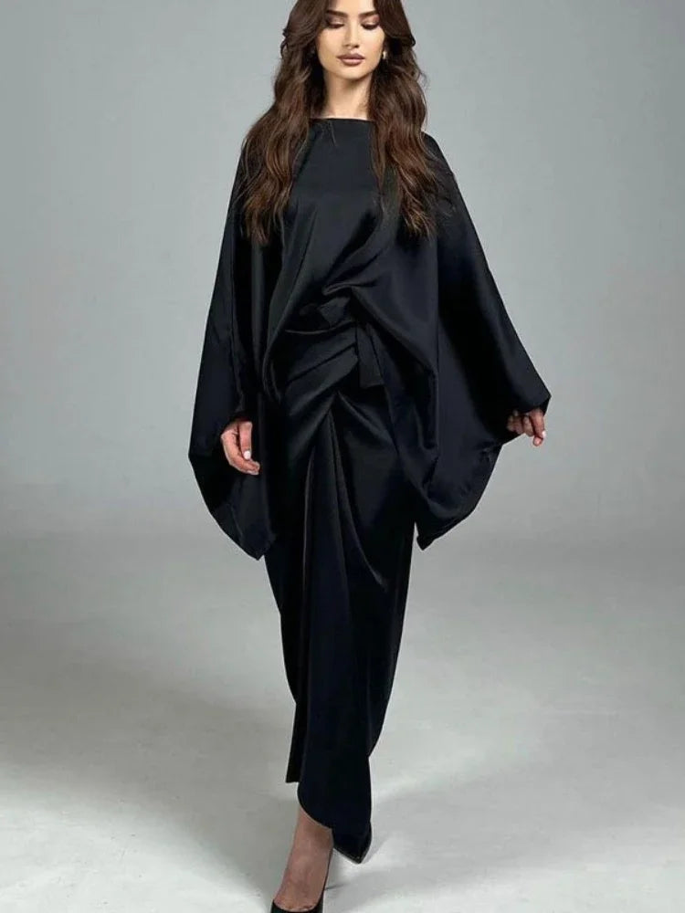 Ensemble 2 pièces pour femme musulmane de l'Aïd, chemise et jupe en satin à manches chauve-souris, kimono pour femme du Ramadan, caftan, ensembles musulmans