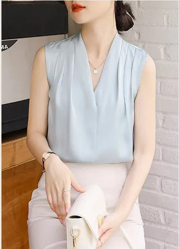 Chemise blanche sans manches de luxe pour femme, col en V, haut en satin, haut blanc en mousseline de soie, haut pour femme, super valeur