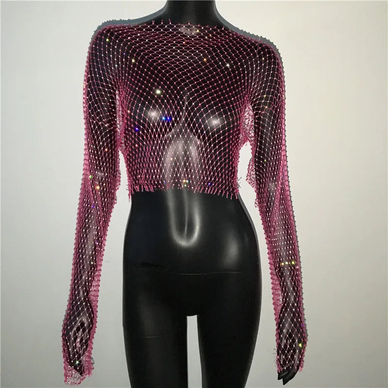 T-shirt sexy transparent en résille pour femme, haut court à manches longues avec strass scintillants et maille creuse, idéal pour les discothèques, les fêtes et les festivals, automne