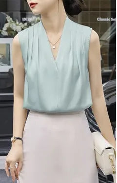 Chemise blanche sans manches de luxe pour femme, col en V, haut en satin, haut blanc en mousseline de soie, haut pour femme, super valeur