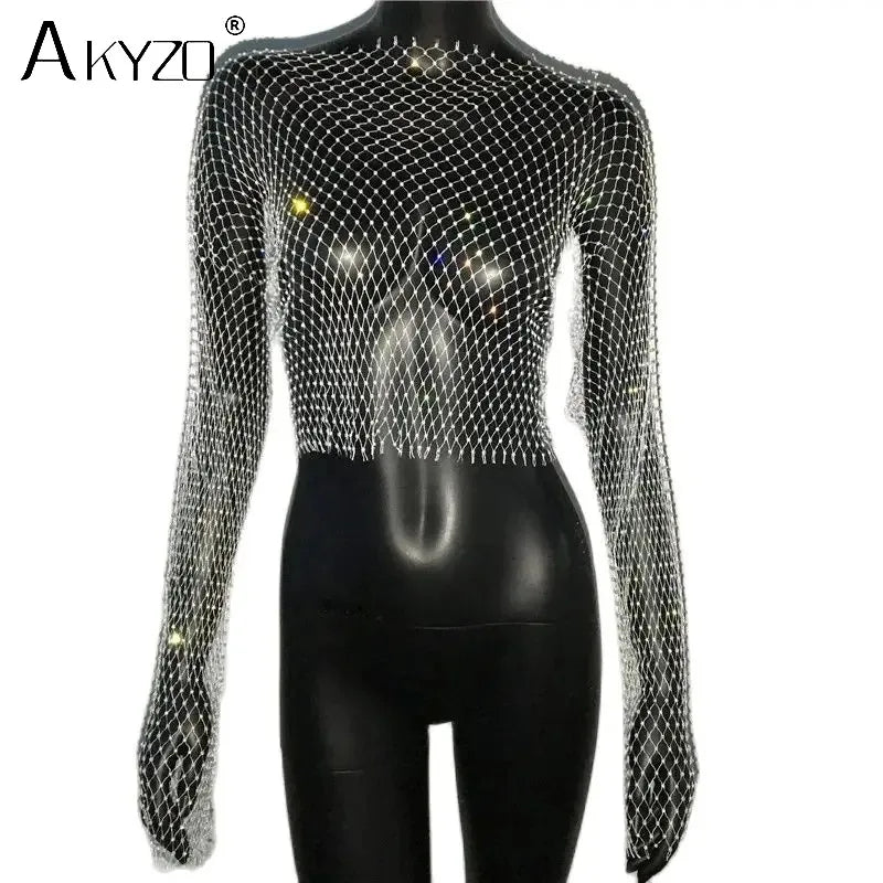 T-shirt sexy transparent en résille pour femme, haut court à manches longues avec strass scintillants et maille creuse, idéal pour les discothèques, les fêtes et les festivals, automne